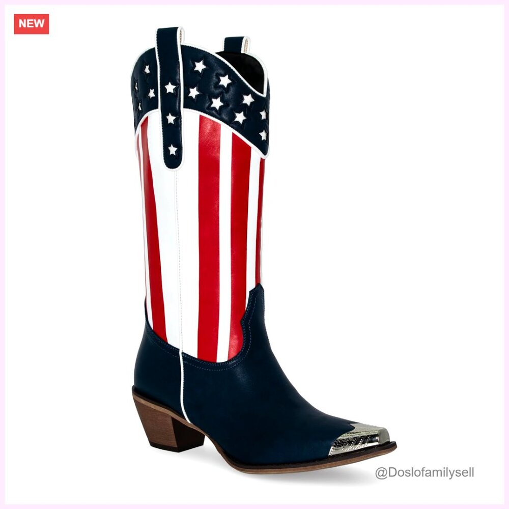 Women's Western Cowboy Boots Chunky Block Heel Pull On Mid Calf